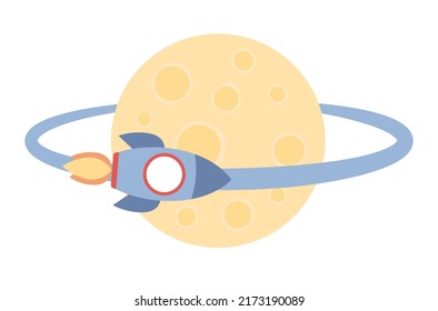 Rocket flies around moon icon. Astronomy. Space travel to the moon. Space rocket launch. Vector flat illustration 