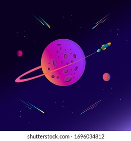 A rocket flies around the planet. Dark outer space. Vector.  
Presentation, business and website.