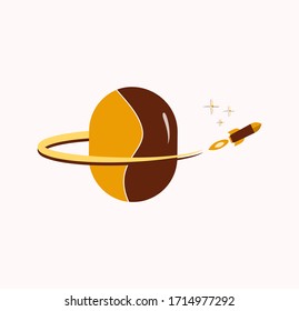 Rocket flies around the planet . Planet in the form of a grain of coffee.