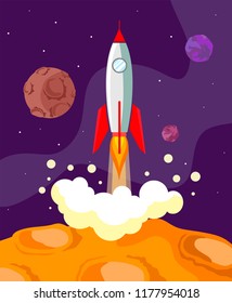 The rocket flies away from the planet in space