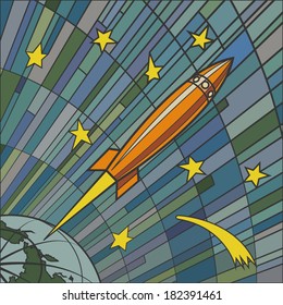 Rocket flies from Earth to deep space among stars and comets vector illustration