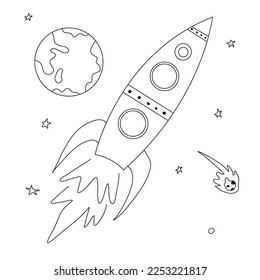 Moscas de cohetes, tierra desde el espacio. Imágenes decorativas dibujadas a mano. Ilustraciones vectoriales aisladas en fondo blanco.