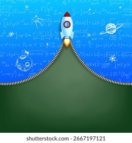 Rakete fliegt vor der grünen Schultafel mit mathematischen Formeln. Vektorgrafik mit Platz für Text.