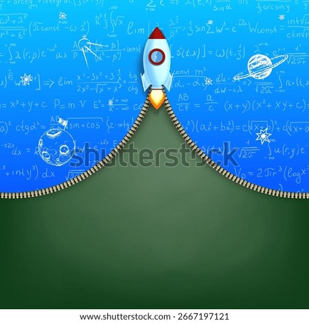 Rocket flies in front of green school board with mathematical formulas. Vector illustration with space for text.