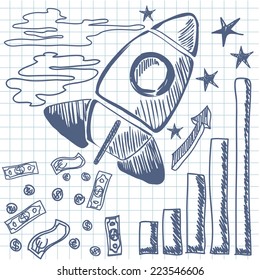 Rocket flies up the graph and for fuel bills money dollars euro in sketch style. Idea concept