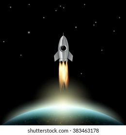 Rocket flies into outer space. Scientific background. Stock vector illustration.