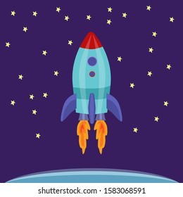 A rocket flies into space. Air transport - picture for children, vector illustration