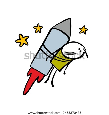 Rocket flies into space among the stars. vector illustration an unfortunate stickman is forcibly tied to a projectile, rises high into the sky and looks down. Victim of success.