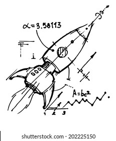 Rocket Flies Into Space. Black And White Sketch. Vector Illustration.