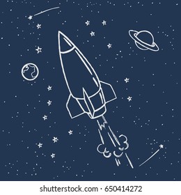 rocket flies into space cute space travel tee print design