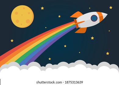 Rocket flies into space and emits smoke in the colors of the rainbow. Copy space for design or text. Flat vector illustration