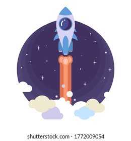A rocket flies into space. Rocket launch. Striving forward, development, growth. 
