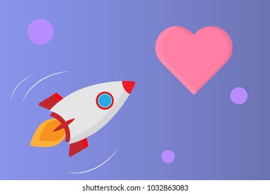 Rocket flies into space to the planet Heart. Desire for love concept. Vector illustration