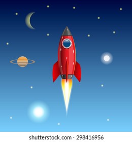 Rocket flies into space, red rocket, icon rocket. Vector illustration