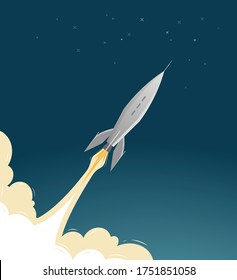 Rocket flies into space. Spaceflight, spacecraft, spaceship vector illustration