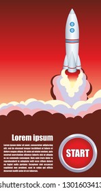 The rocket flies into space. Start up concept. Project development. Bright, colorful template for poster, booklet design