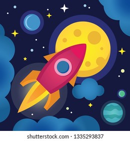 The rocket flies into space through the clouds. The moon, planets and stars are visible in the background.