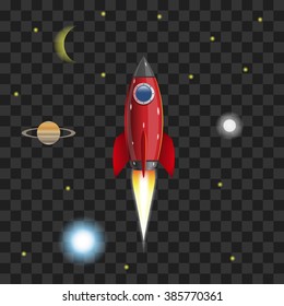 Rocket flies into space, transparent background, space planets stars. Vector illustration