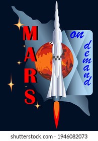 the rocket flies to Mars against the backdrop of a postal item with an address on demand