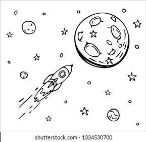 
A rocket flies to the moon, a doodle illustration, for coloring a spaceship in space, among the stars and planets.