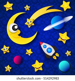 The rocket flies to the moon illustration.