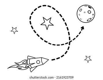 El cohete vuela a la luna. Ilustración de doodle lineal