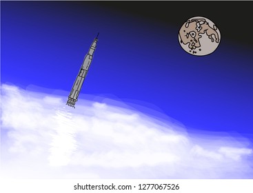 The rocket flies to the moon, overriding the atmosphere of the earth