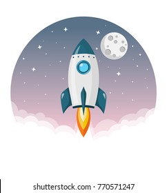 Rocket Flies To The Moon Purple Sky Flat Design Icon Isolated On White Background