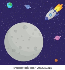 The rocket flies to the moon. Solar system, space.