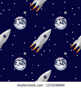 Rocket flies near the planet Earth seamless pattern. Space print