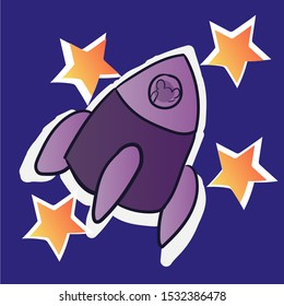 Rocket flies on a cut out background with stars. Vector drawing.