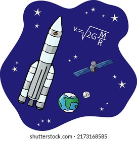 The rocket flies on an interstellar journey far from the Earth and its satellites.