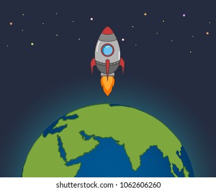 Rocket flies out of the earth into the universe