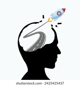 Un cohete sale volando de una cabeza humana. Silueta de una cabeza con un cerebro sobre un fondo blanco. Ilustración vectorial