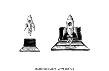 Rocket flies out of laptop screen. Vector hand drawn sketch illustration. Business projects startup and innovation technologies concept