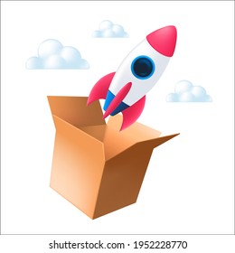 The rocket flies out of an open cardboard box into the clouds. Vector illustration of the think outside the box concept isolated on a white background