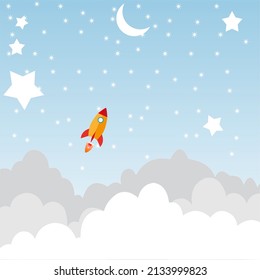 the rocket flies over the blue sky towards the moon