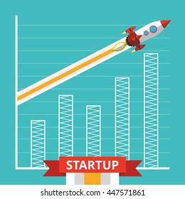 Rocket flies over the business graph or chart. Flat vector illustration. Startup concept. Project development.