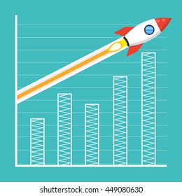 Rocket flies over the business graph or chart. Flat vector illustration. Startup concept. Project development.