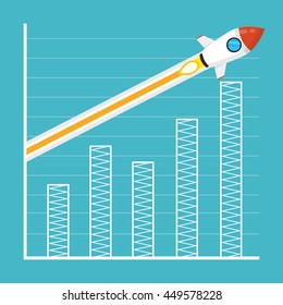 Rocket flies over the business graph or chart. Flat vector illustration. Startup concept. Project development.