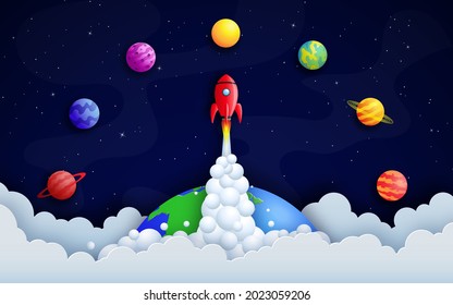 rocket flies over Earth among planets and starry space. Vector illustration in paper art style.