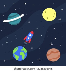 The rocket flies over the Earth to the Moon. Space background with stars and planet. Vector illustration