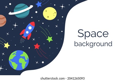 The rocket flies over the Earth to the Moon. Space background with stars, comet and planet. Vector template for text