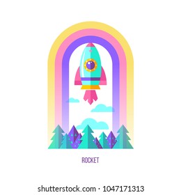 The rocket flies over the forest and rainbow. Vector illustration.