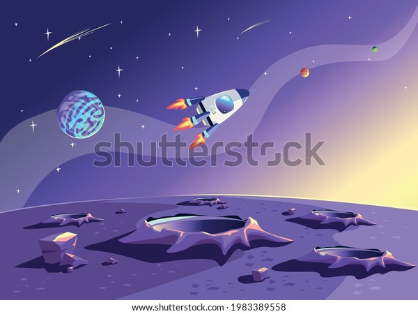 The rocket\
flies over the surface of the planet in craters against the\
background of the starry sky. Space travel and exploration, vector\
horizontal illustrations in cartoon\
style.