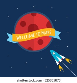 Rocket flies to the planet Mars. Study of the cosmos. Study of the planet Mars. Welcome to Mars. Vector illustration in flat style
