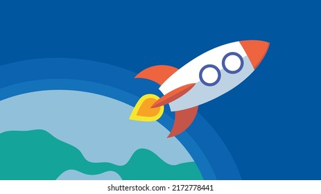 Rocket flies in space against the background of the Earth