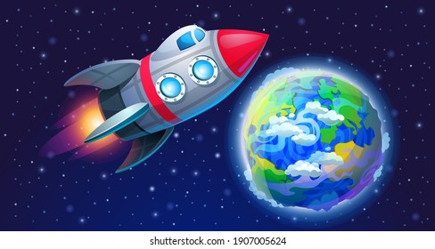 The rocket flies in space opposite the stars and planet Earth. Vector illustration of space adventure. 