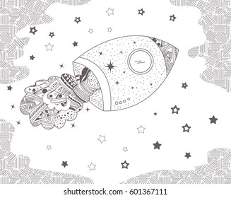 El cohete vuela en el espacio. Silhouette. Ilustración en negro sobre fondo blanco. Estilo Zentangle. Libro de colorantes para adultos y niños, páginas de colorantes antiestrés. Vector dibujado a mano aislado. Esbozo