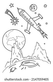 The rocket flies in space. You can see the surface of the moon with mountains and craters. In the background a planet, an asteroid and a comet. Space coloring pages printable. 